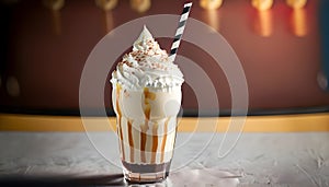 A classic diner-style milkshake, served in a tall glass with a striped straw and topped with whipped cream.