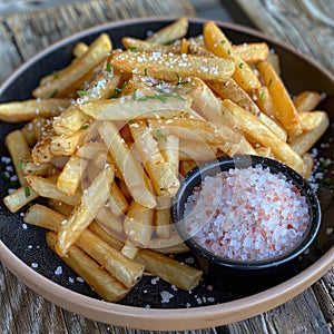Fast food dish of deepfried French fries with a side of salt condiment photo