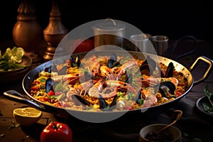 Classic dish of Spain. Delicious spanish seafood paella in traditional pan on wooden table. Spanish paella with rice