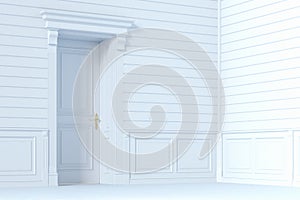 Classic door in the white wooden interior design. 3d render.