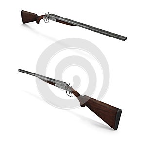 Classic double barreled shotgun on white 3D Illustration