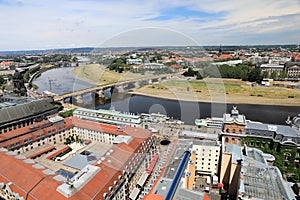 Classic Dresden - aerial view to old roof buildings and street ,  Germany