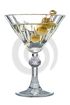 Classic Dry Martini with olives isolated, Martini mixed drink with olive garnish on a white background close up
