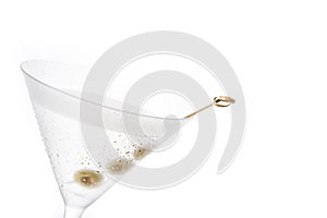Classic Dry Martini with olives isolated on white background.