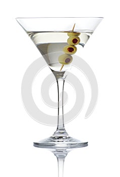 Classic dry martini with olives isolated on white background