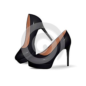 Classic and elegant high-heeled women shoes. Stylish black shoes on high thin heels. Isolated object close up on white background