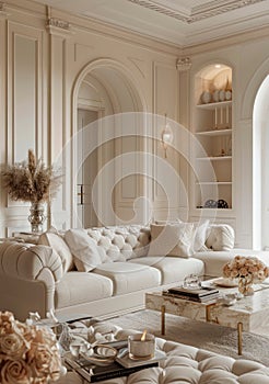 A classic and elegant living room with a timeless aesthetic, featuring a neutral color palette, comfortable furnishings