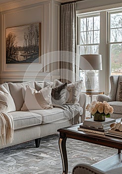 A classic and elegant living room with a timeless aesthetic, featuring a neutral color palette, comfortable furnishings