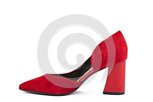 Classic and elegant suede high-heeled women shoes. Stylish red shoes on high block heels and with a pointed toe