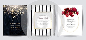 Classic elegant vertical vector design frames. Black and gold glitter garlands, black and white stripes square, red