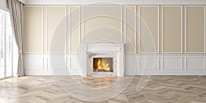 Classic empty beige interior with fireplace, curtain, window, wall panels