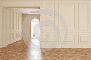 Classic empty beige room interior with parquet floor.