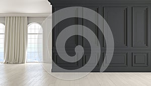 Classic empty interior with black wall, wood floor, window and curtain. 3D render illustration.