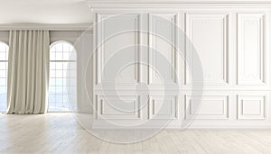 Classic empty interior with white wall, wood floor, window and curtain.