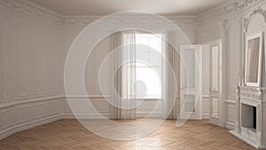 Classic empty room with big window, fireplace and herringbone wooden parquet floor, vintage white interior design