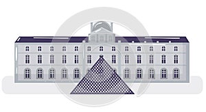 Classic European building facade with a central dome and multiple windows. Simplified flat design of an urban