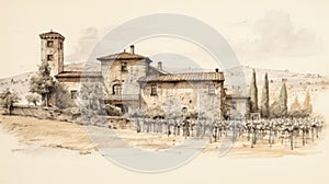 Classic Expressionist Architecture Sketch From 1800s Wine Country Italy