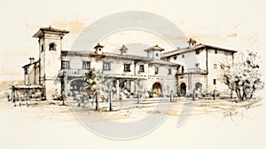 Classic Expressionist Architecture Sketch From 1800s Wine Country Italy