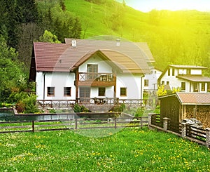 Classic facade of a white country house with a green meadow and forest in the background, in the courtyard of a small pool
