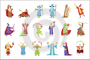 Classic Fantasy Wizards Set Of Characters. Fairy Tale Mages Colorful Fun Vector Drawings On White Background