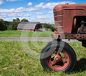 Classic Farming Scene Red Tractor and Barn