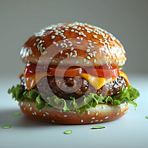 Classic fast food staple hamburger with cheese, lettuce, and tomatoes on a bun