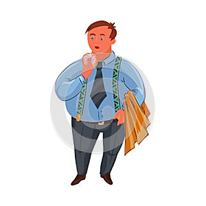 Classic fat detective in blue shirt standing with the donut. Vector colorful illustration in cartoon style.