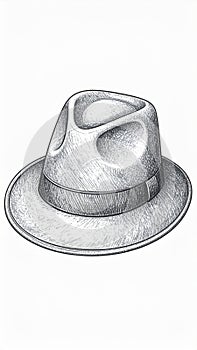 Classic Fedora Hat Hand Drawn on White Background in Monochrome Illustration