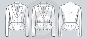 Classic fitted Jacket technical fashion illustration. Cropped Blazer with zipped peplum fashion flat technical drawing template