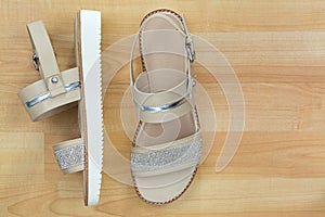 Classic flat sandal in beige with beautiful diamond like shimmer