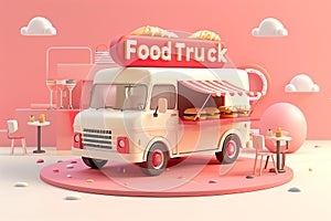 Classic food truck scene in pastel hues serves up fast food under a cloud-dotted pink sky
