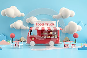 Classic food truck scene in pastel hues serves up fast food under a cloud-sky
