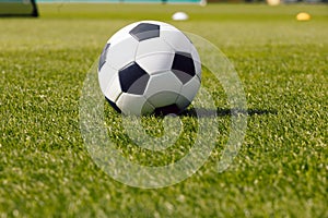 Classic football soccer ball on grass field. Side view on retro classic football ball