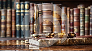 a classic fountain pen, indicative of skilled craftsmanship, atop an antique book in a home library