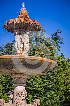 Classic fountain in the Retiro park , Madrid Spain