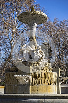 Classic fountain in the Retiro park , Madrid Spain