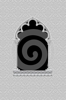 Classic frame in form of gothic decorative window on the ornamental background in black and white