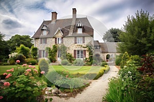 classic french country house in the countryside, with garden and stone walkway