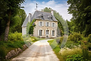 classic french country house in the countryside, with garden and stone walkway