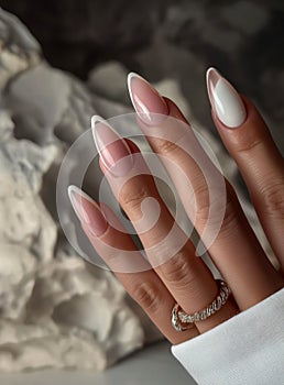 Classic French manicure on slender fingers