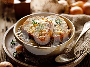 Classic French onion soup baked with cheese croutons sprinkled with fresh thyme