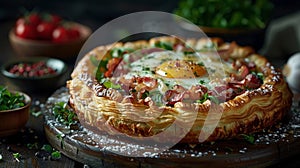 Classic French pastry with eggs, cream, bacon, GruyÃÂ¨re cheese, and salad greens suspended around a perfectly baked centerpiece, photo