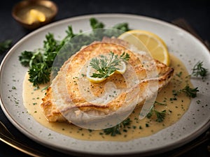 Classic French Sole meuniere, sol filets are cooked and served in a rich, buttery sauce