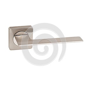 Classic front door handle with a straight handle in gray color with a round mirror insert at the square base