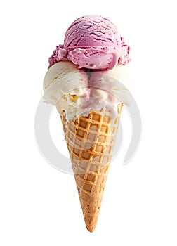 Classic Fruit Ice Cream in waffle cone, isolated on transparent background, summer food concept, generative ai