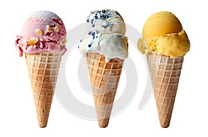 Classic Fruit Ice Cream in waffle cone, isolated on transparent background, summer food concept, generative ai