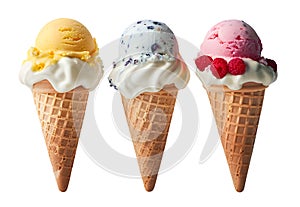 Classic Fruit Ice Cream in waffle cone, isolated on transparent background, summer food concept, generative ai