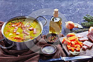 Classic german split pea stew with ingredients