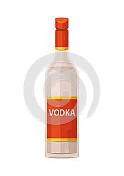 Classic glass vodka bottle with red cap on white background