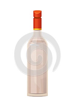 Classic glass vodka bottle with red cap on white background